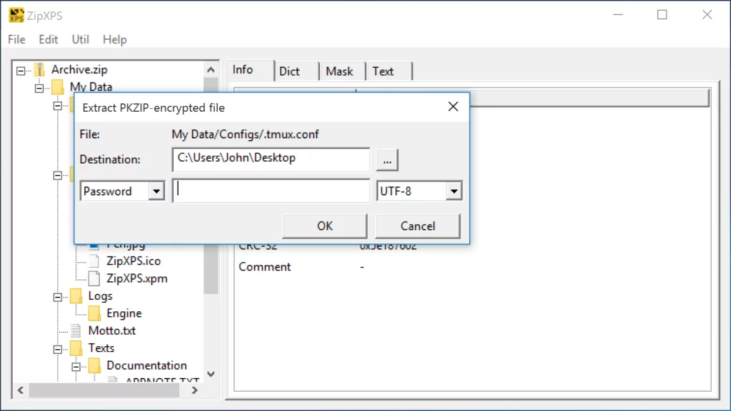 Extracting a PKZIP-encrypted file from the loaded Zip archive in the ZipXPS GUI.