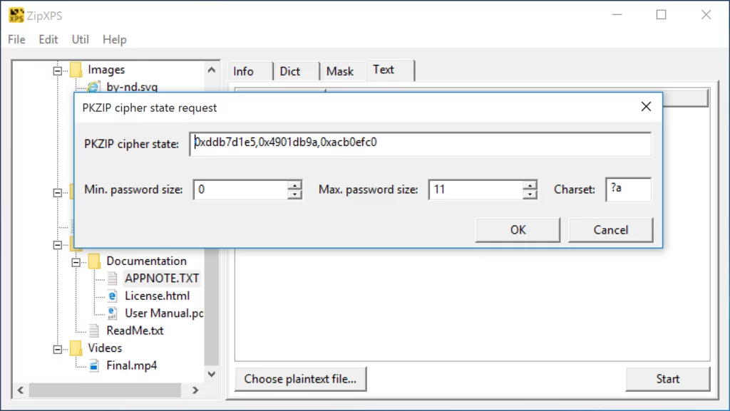 Searching for a matching Zip password to the found (or a given) PKZIP cipher state with ZipXPS.