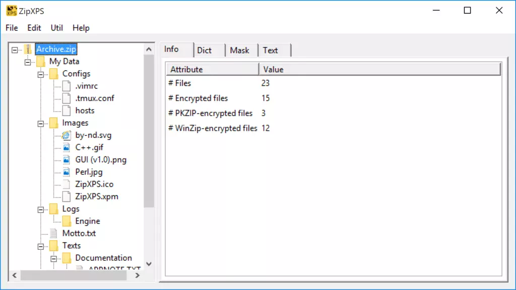 A loaded Zip archive in the ZipXPS GUI.