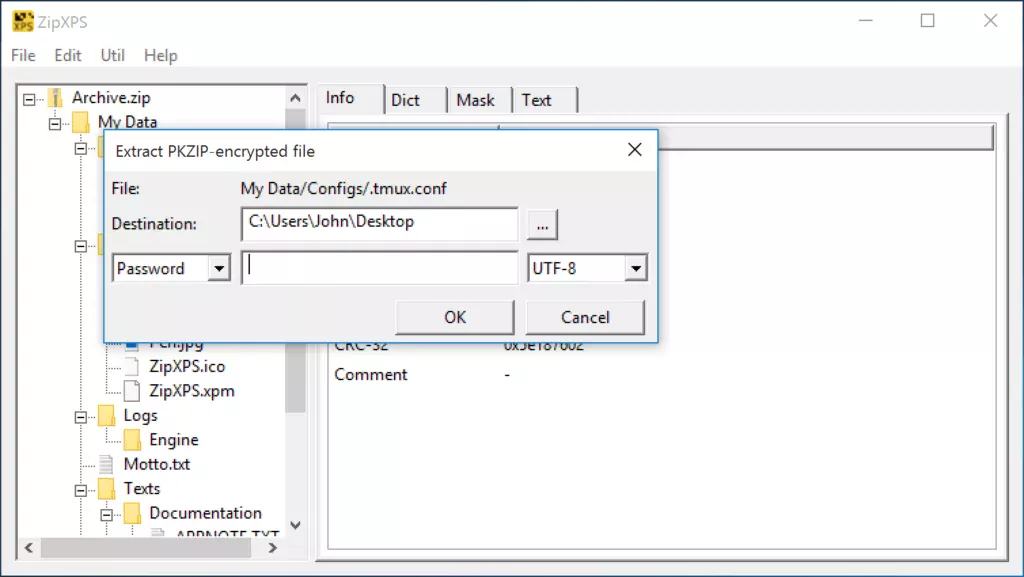 Extracting a PKZIP-encrypted file from the loaded Zip archive in the ZipXPS GUI.